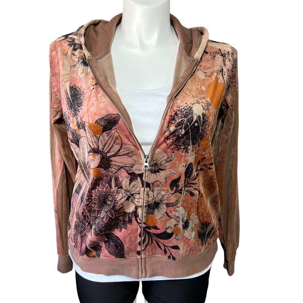 Studio Works Sport Womens Hoodie Velvet Velour Floral Print Hooded Sweatshirt